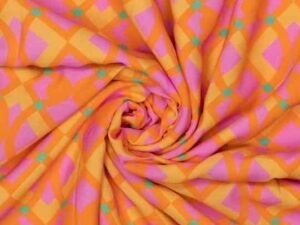 Viskosestoff - grafische Musterung Retro Look Rosa Orange Gelb