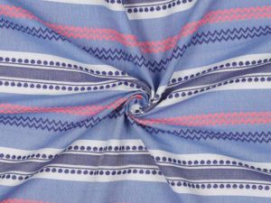 Baumwollbatist, Ethno Blau mit Streifen Neon Koralle