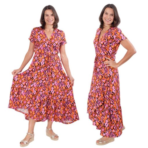 Schnittmuster Wickelkleid Safia Baumwolle Lila Orange 4