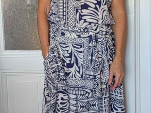 Mischgewebe, Polyester Stretch, Patchwork Blumen Blau auf Ecru – Bild 6