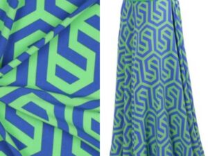 Nähpaket Hose Rena - Polyester Stretch, grafisches Muster Blau Grün inkl. Schnittmuster auf Papier