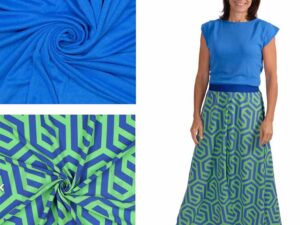 Stoffpaket Rock Dua, Shirt Minerva - Polyester Stretch, grafisches Muster Blau Grün inkl. Gummiband