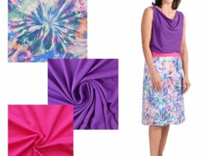 Stoffpaket Rock und Shirt - Viskose Dull, Farbexplosion bunt, Viskosejersey Lila oder Pink, inkl. Gummiband