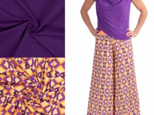 Stoffpaket Hose Sora Retro Musterung Gelb Lila mit passendem Viskosejersey Lila – Bild 1