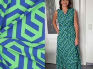 Nähpaket Kleid Safia - Polyester Stretch, grafisches Muster Blau Grün inkl. Schnittmuster auf Papier