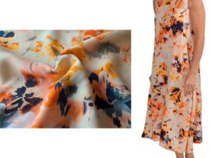 Papierschnitt Avin, 3,00 Meter Viskosestoff mit Stiefmütterchen Vanille Orange